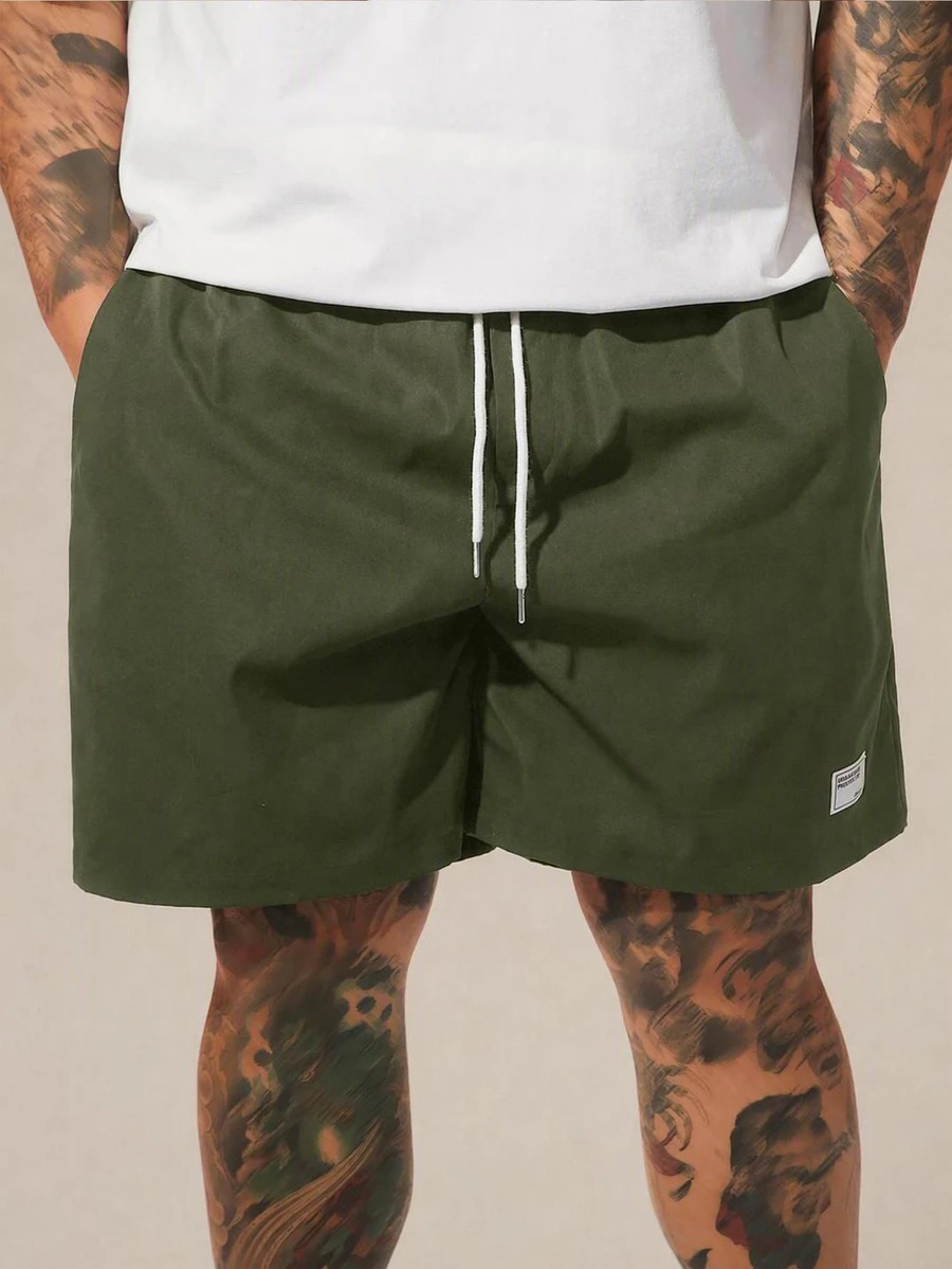 EASEVO Plus Size Men's Letter Print Drawstring Waist Woven Casual Straight Leg Shorts - Army Green - View 1