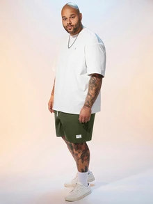 EASEVO Plus Size Men's Letter Print Drawstring Waist Woven Casual Straight Leg Shorts - Army Green - View 3