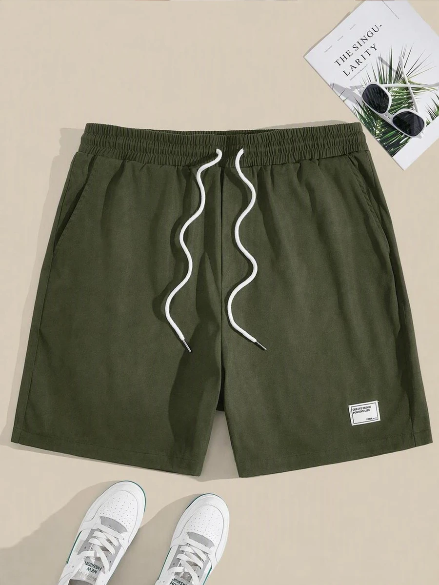 EASEVO Plus Size Men's Letter Print Drawstring Waist Woven Casual Straight Leg Shorts - Army Green - View 1