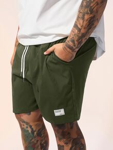 EASEVO Plus Size Men's Letter Print Drawstring Waist Woven Casual Straight Leg Shorts - Army Green - View 5
