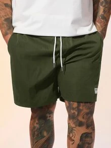 EASEVO Plus Size Men's Letter Print Drawstring Waist Woven Casual Straight Leg Shorts - Army Green - View 4
