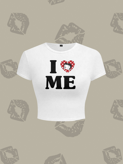 Betty Boop x SHEIN Damen Buchstaben-Muster Lässig Vielseitig Alltag Kurzarm T-Shirt