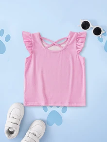 SHEIN | PAW Patrol 卡通印花圓領荷葉邊下擺休閒T恤，適合年輕女孩 - 粉色 - 查看 2
