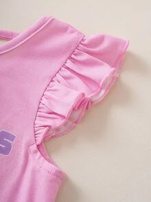 SHEIN | PAW Patrol 卡通印花圓領荷葉邊下擺休閒T恤，適合年輕女孩 - 粉色 - 查看 5