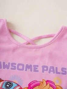 SHEIN | PAW Patrol 卡通印花圓領荷葉邊下擺休閒T恤，適合年輕女孩 - 粉色 - 查看 3