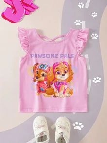 SHEIN | PAW Patrol 卡通印花圓領荷葉邊下擺休閒T恤，適合年輕女孩 - 粉色 - 查看 8