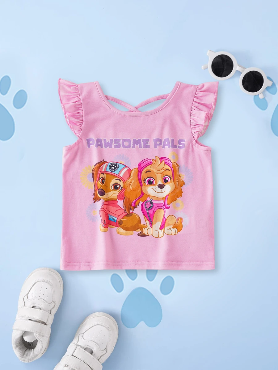 SHEIN | PAW Patrol 卡通印花圓領荷葉邊下擺休閒T恤,適合年輕女孩 - 粉色 - 查看 1