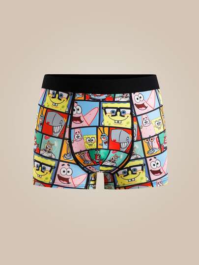 SpongeBob SquarePants | SHEIN Men's Cute Funny Print Boxer Briefs, Comfortable Mid-Rise Trunks