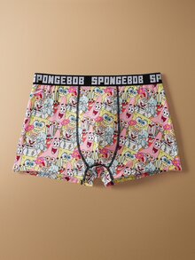 SpongeBob SquarePants | SHEIN 男士字母卡通图案撞色字母织带短裤 - 黑色 - 查看 7