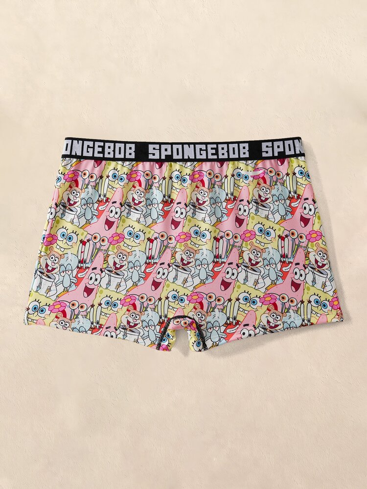 SpongeBob SquarePants | SHEIN Men's Letter & Cartoon Pattern Contrast Letter Tape Trunks - Black - View 2