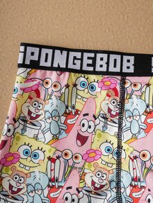 SpongeBob SquarePants | SHEIN 男士字母卡通图案撞色字母织带短裤 - 黑色 - 查看 3