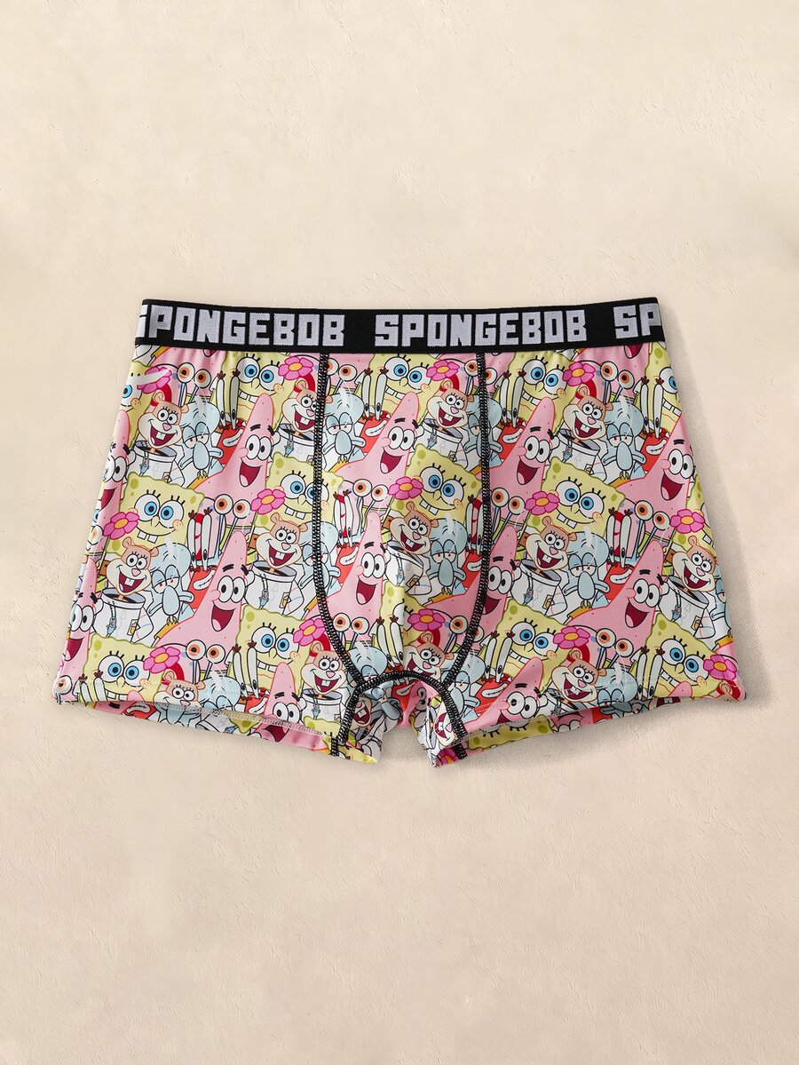 SpongeBob SquarePants | SHEIN 男士字母卡通图案撞色字母织带短裤 - 黑色 - 查看 1