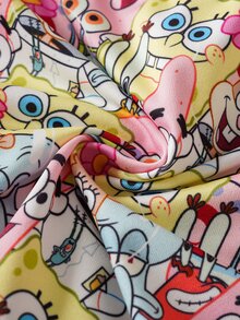 SpongeBob SquarePants | SHEIN 男士字母卡通图案撞色字母织带短裤 - 黑色 - 查看 6