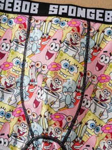 SpongeBob SquarePants | SHEIN 男士字母卡通图案撞色字母织带短裤 - 黑色 - 查看 4