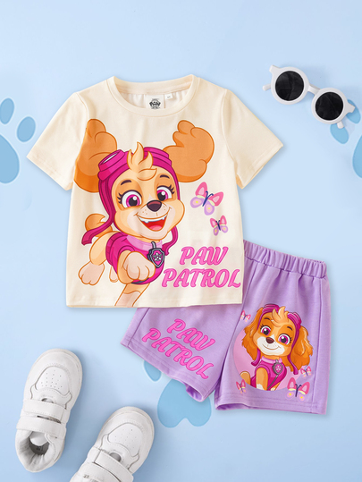 SHEIN | PAW Patrol 2pcs Letter Print Short Sleeve T-Shirt And Shorts Casual Outfit For Young Girls