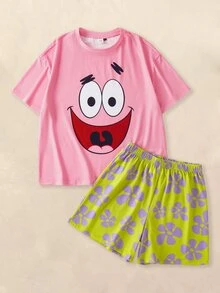 SpongeBob SquarePants | SHEIN Women's Cute Cartoon Pattern Print Round Neck Short Sleeve Top And Floral Print Shorts Pajama Set - Multicolor - View 1