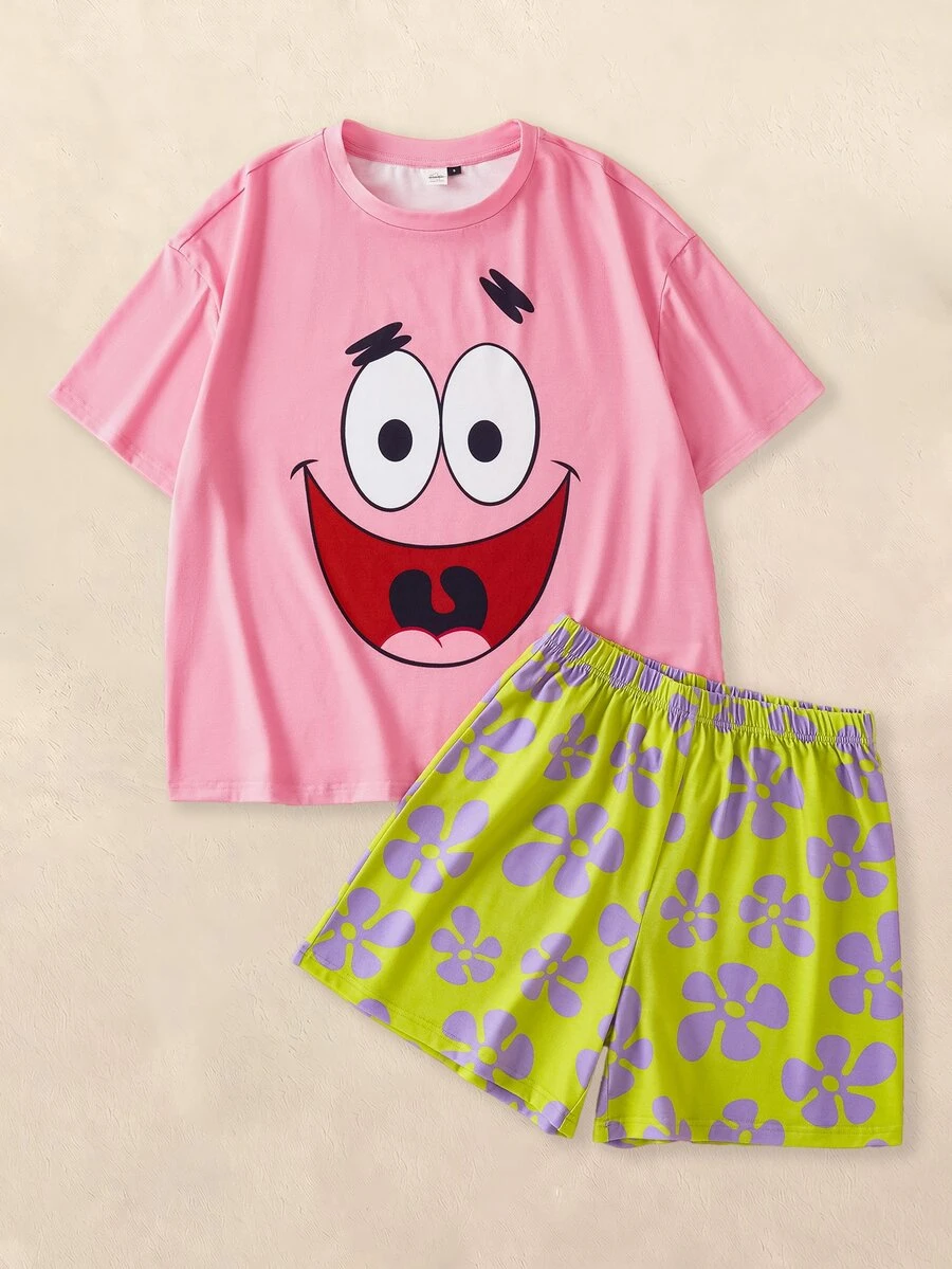 SpongeBob SquarePants | SHEIN Women's Cute Cartoon Pattern Print Round Neck Short Sleeve Top And Floral Print Shorts Pajama Set - Multicolor - View 1
