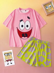 SpongeBob SquarePants | SHEIN Women's Cute Cartoon Pattern Print Round Neck Short Sleeve Top And Floral Print Shorts Pajama Set - Multicolor - View 7