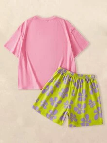 SpongeBob SquarePants | SHEIN Women's Cute Cartoon Pattern Print Round Neck Short Sleeve Top And Floral Print Shorts Pajama Set - Multicolor - View 2