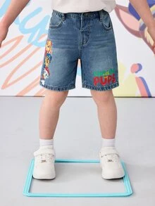 SHEIN | PAW Patrol 1pc Boy Casual Cartoon & Letter Print Denim Shorts, Comfortable Elastic Waist Versatile Jeans Shorts - Blue - View 3