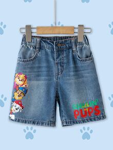 SHEIN | PAW Patrol 1pc Boy Casual Cartoon & Letter Print Denim Shorts, Comfortable Elastic Waist Versatile Jeans Shorts - Blue - View 1