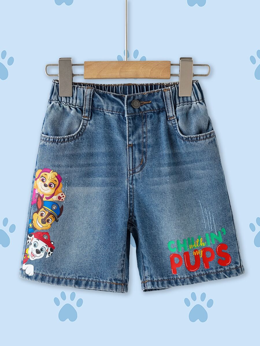 SHEIN | PAW Patrol 1pc Boy Casual Cartoon & Letter Print Denim Shorts, Comfortable Elastic Waist Versatile Jeans Shorts - Blue - View 1