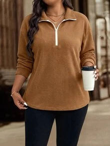 SHEIN LUNE Women's New Fall Fuzzy Knit Casual Boho Versatile Plus Size Sweatshirt Thanksgiving Holiday Vacation Camel - Brown - View 6