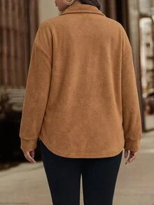 SHEIN LUNE Women's New Fall Fuzzy Knit Casual Boho Versatile Plus Size Sweatshirt Thanksgiving Holiday Vacation Camel - Brown - View 4