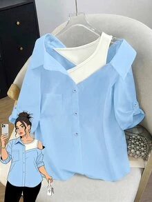 GlowEve CURVE Plus Size Women Summer Casual Commuting Fashion Color Block 2 In 1 Shirt - Multicolor - View 1