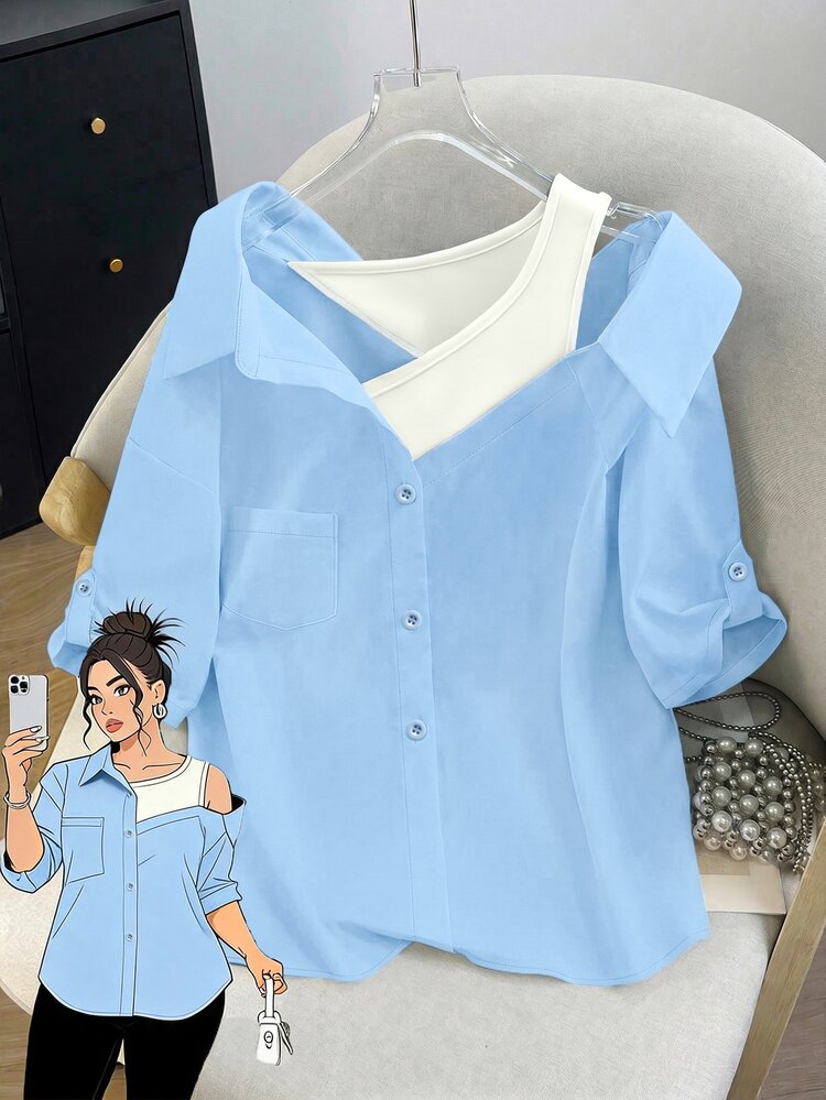GlowEve CURVE Plus Size Women Summer Casual Commuting Fashion Color Block 2 In 1 Shirt - Multicolor - View 1