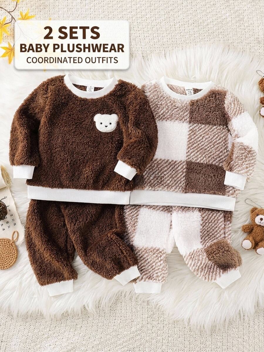 SHEIN 2pcs/Set Baby Boy Baby Girl Autumn/Winter Casual Versatile Fluffy Cute Cartoon Bear & Patch Pattern Long Sleeve Top & Pants Loungewear Set,Fall - Brown - View 1