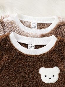 SHEIN 2pcs/Set Baby Boy Baby Girl Autumn/Winter Casual Versatile Fluffy Cute Cartoon Bear & Patch Pattern Long Sleeve Top & Pants Loungewear Set,Fall - Brown - View 3