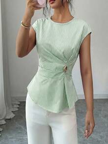 Selianne Blouse élégante pour femme, verte et blanche, à taille ajustée, avec décoration de boucle métallique et plis, fermeture éclair cachée au dos, convient pour le bureau quotidien en été - Vert - Voir 1