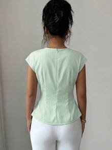 Selianne Blouse élégante pour femme, verte et blanche, à taille ajustée, avec décoration de boucle métallique et plis, fermeture éclair cachée au dos, convient pour le bureau quotidien en été - Vert - Voir 3