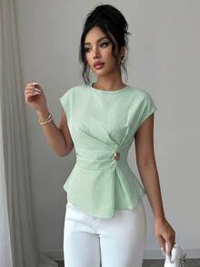 Selianne Blouse élégante pour femme, verte et blanche, à taille ajustée, avec décoration de boucle métallique et plis, fermeture éclair cachée au dos, convient pour le bureau quotidien en été - Vert - Voir 4