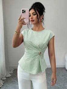 Selianne Blouse élégante pour femme, verte et blanche, à taille ajustée, avec décoration de boucle métallique et plis, fermeture éclair cachée au dos, convient pour le bureau quotidien en été - Vert - Voir 6