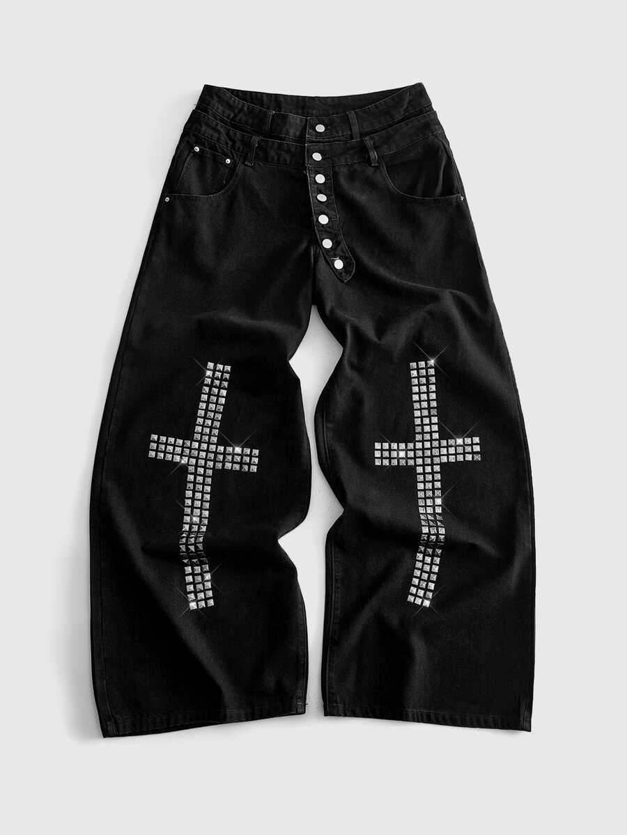 ROMWE MEN Men's Loose Fit Cross Sequin Embellished Jeans - Black - View 1