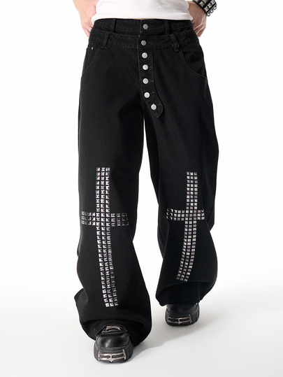 ROMWE MEN Men's Loose Fit Cross Sequin Embellished Jeans