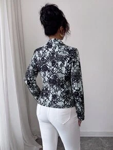 Elenzga Women's Elegant Romantic Minimalist Premium Lapel Long Sleeve Hollow Lace Print Cinched Waist Black & Gray Blazer Jacket For Office, Commute, Party And Vacation - Multicolor - View 2