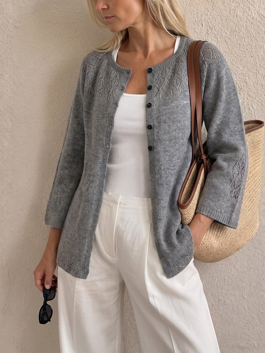 Sprig & Strand Women's Grey Linen Round Neck Hollow Floral Pattern Long Sleeve Flared Loose Gentle Style Knit Cardigan - Grey - View 1