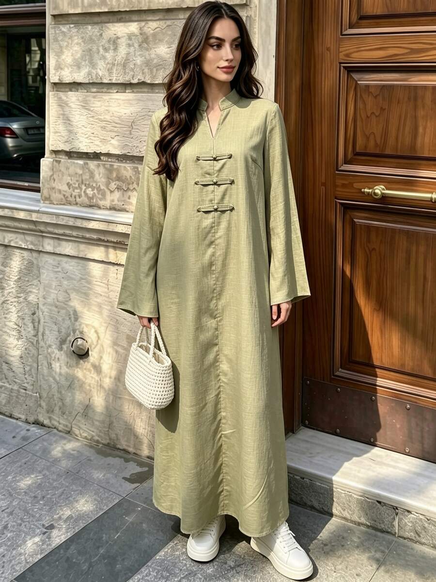 Selianne Cotton Solid Sage Green Elegant Modest Zen Frog Button Mushroom Long Robe Stand Collar Loose Casual Dress Autumn Brunch - Green - View 1