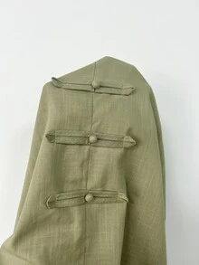 Selianne Cotton Solid Sage Green Elegant Modest Zen Frog Button Mushroom Long Robe Stand Collar Loose Casual Dress Autumn Brunch - Green - View 5