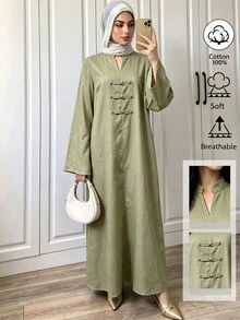 Selianne Cotton Solid Sage Green Elegant Modest Zen Frog Button Mushroom Long Robe Stand Collar Loose Casual Dress Autumn Brunch - Green - View 4