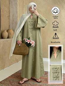Selianne Cotton Solid Sage Green Elegant Modest Zen Frog Button Mushroom Long Robe Stand Collar Loose Casual Dress Autumn Brunch - Green - View 6