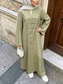 Selianne Cotton Solid Sage Green Elegant Modest Zen Frog Button Mushroom Long Robe Stand Collar Loose Casual Dress Autumn Brunch - Green - View 7