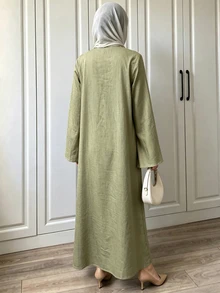 Selianne Cotton Solid Sage Green Elegant Modest Zen Frog Button Mushroom Long Robe Stand Collar Loose Casual Dress Autumn Brunch - Green - View 2