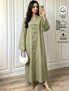 Selianne Cotton Solid Sage Green Elegant Modest Zen Frog Button Mushroom Long Robe Stand Collar Loose Casual Dress Autumn Brunch - Green - View 3
