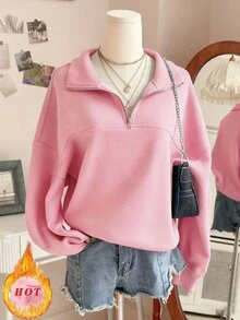 INAWLY 女款素色落肩長袖休閒領口拉鍊運動衫 - 彩色 - 查看 6