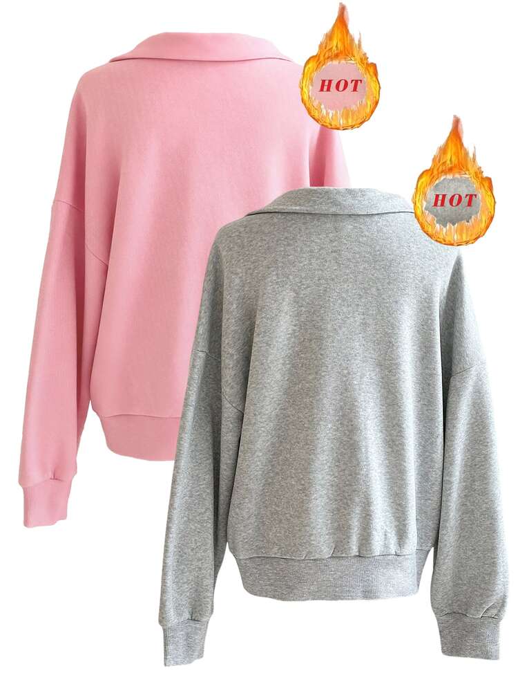 INAWLY Women's Solid Color Drop Shoulder Long Sleeve Casual Collared Zip-Up Sweatshirt - Multicolor - View 3