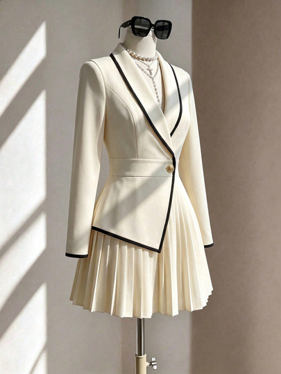 Fine & Folde Office Commute Elegant Lady Style Commute Interview Professional OL Style Long Sleeve Blazer Collar Cinched Waist Pleated Beige White Dress Elegant Romantic Women's Dress Color Block